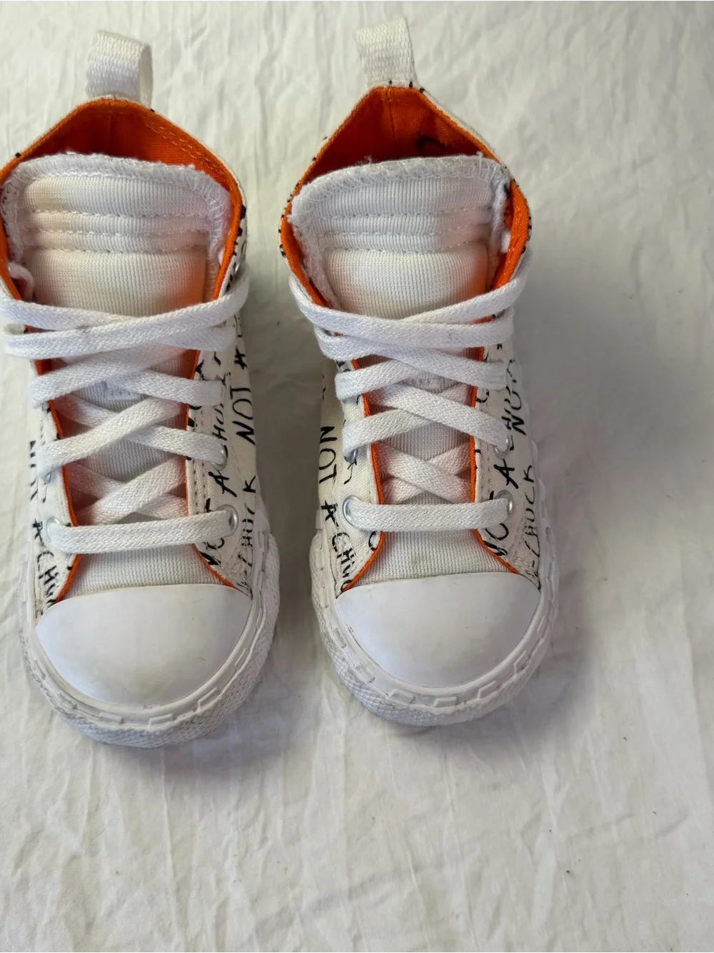 Converse High-Top Toddler sz 8 White & Orange Sneakers - 'Not a Chuck' Graphic
